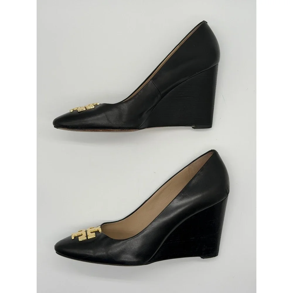 Tory Burch Sally Wedge Heel Black Size 9 Gold Logo